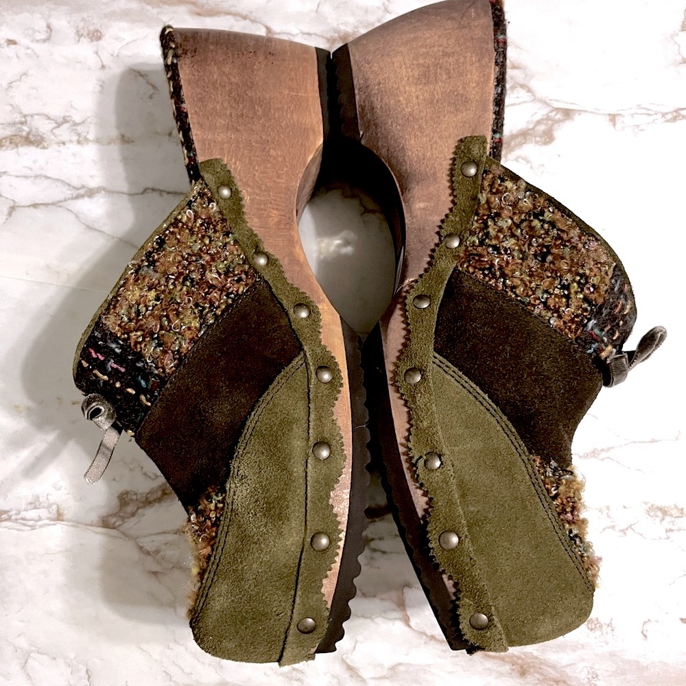 Kenzie Green Heel Tweed Clogs Size 11